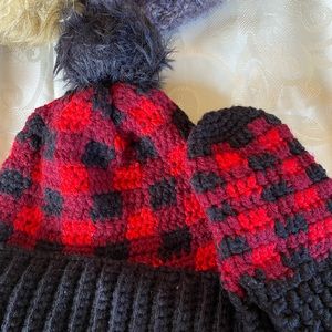 Handmade Crochet Red Buffalo Plain Hat & Mittens